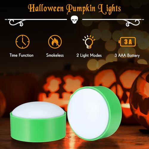 Image of Riakrum 6 Pieces Halloween Remote Timer LED Lights with Remote Summer Halloween LED Pumpkin Lights Battery Operated Lantern Bright Flameless Candle(Green,Warm Light)
