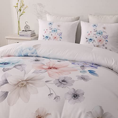 Shatex Queen Comforter Set(90"X90") - 3 Pieces Comforters Queen Size,Botanical Soft Polyester Bedding Sets Queen With Colorful Flower For All Season,1 Comforter&2 Pillow Shams(20" X 26") #TOP1