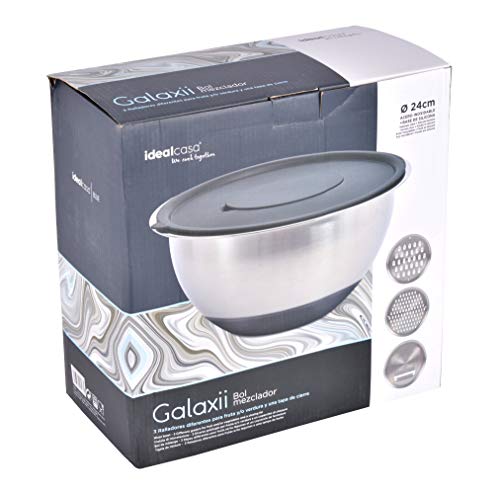 Rührschüssel aus Edelstahl mit Deckel und 3 Schneidzubehör, Edelstahl, 24 cm Cover