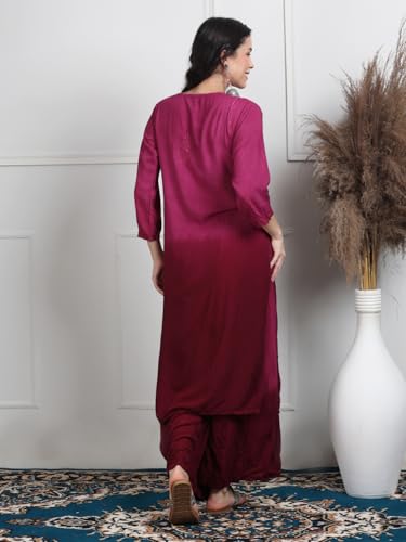 Image of Women's Lucknowi Chikankari Hand-Embroidered Rayon Dyed Kurta, Palazzo & Dupatta 3-Piece Set | Festive, Ethnic & Casual Suit