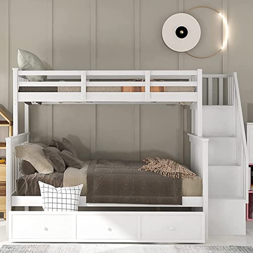 Harper & Bright Designs Bunk Bed Twin Over Full Size With Drawers,Storage Shelf And Stairway Wood Bunk Beds For Kids And Teenagers,Kids Bed With Full-Length Guard Rail,No Box Spring Needed, White #TOP15