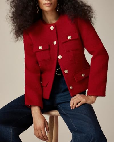 Womens Cropped Tweed Jackets Collarless Button Down Business Blazer Casual Outfits with Pockets2