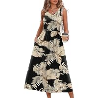 OFEEFAN Women's V-Neck Flowy Summer Midi Dress w/ Pockets (Black Beige Tropical Leaves, M)