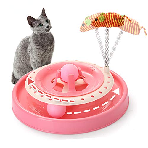 ASENVER Cat Toy Roller Track Interactive Cat Toys Cat Amusement Plate Kitten Track Toy with Spring Teaser Mouse and Moving Ball (Pink)