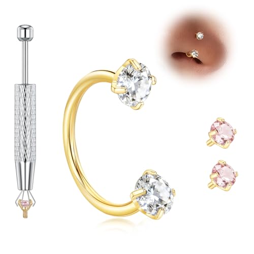Titanium Horseshoe Nose Ring 20g 18g Gold Silver Double Gem Nose Rings Studs for Women Men Small Septum Rings 7mm 8mm Hypoallergenic Hoop Earrings Cartilage Helix Tragus Nostril Daith Piercing Jewelry (Gold 20g-7mm)