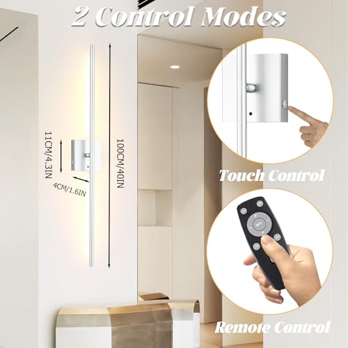 Image of 40 Inch Wireless Wall Sconces Set of 2, Rechargeable Battery Operated Wall Sconce With Remote & Touch, 8000mah, 3 Color Modes, Magnetic, 360 Rotate, for Bedroom, Living Room, Hallway Decor, Silver