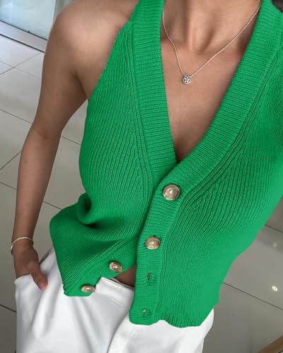 Image of Womens Button-Front Sweater Vest Top V Neck Sleeveless Knit Tank Fitted Halter Raceback Cardigan Vest