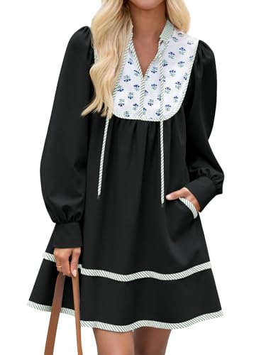 Image of Wenrine Womens Casual Floral Mini Dress Fall Long Sleeve V Neck Patchwork Loose Boho Shirt Dresses