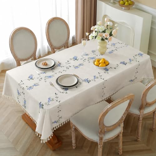 Image of Cortina Tablecloth for Dining Table Waterproof Table Cover, Cotton Linen Fabric Rectangle Tablecloth (White Floral, 6 Seater)