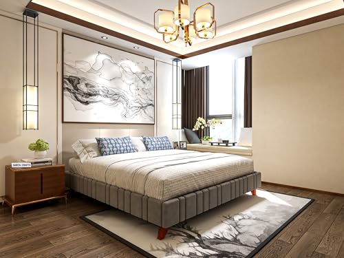 SABTA Craft Modern Upholstered Double Size Bed for Bedroom | Wooden Double Bed | Platform Cot Bed with Upholstery Premium Fabric | 6 x 4 Ft | Sheesham Solid Wood, Rosewood, Grey