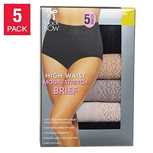 Black Bow Womens 5-Pack High Waist Brief With Lace (Black/Black/Warm Nude/Sphinx/Peach Blush, M) #TOP1