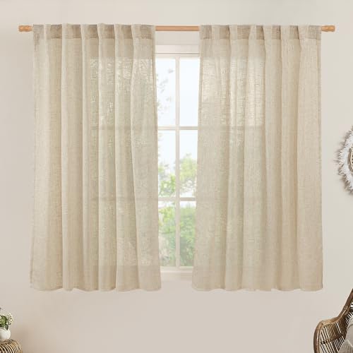 LAMIT Semi Sheer Linen Curtains 45 Inches Long 2 Panels, Light Filtering Panels Back Tab and Rod Pocket Neutral Drapes for Kitchen/Window/Bedroom, 52 x 45 Inch