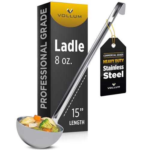 Vollum 1-Piece Stainless Steel Ladle - Heavy Duty Commercial Thick Stainless Steel - 8 Ounce (3.9' Bowl Diameter, 15.1' Handle Length)