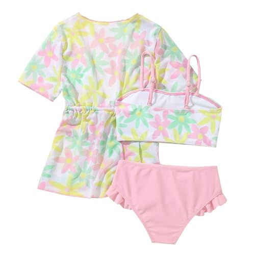 Girls Bikini Set 3-Piece Swimsuit with Kimono Cover Up | Floral Print Ruffles Quick Dry Bathing Suit for Toddler Kids2