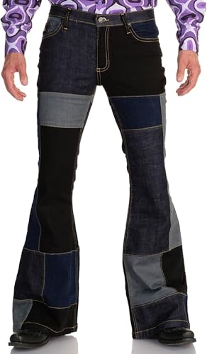 Men's Jeans Patch Flared Trousers 70s Outfits Bell Bottom Disco Denim Pants,Vintage Patch,Used Look