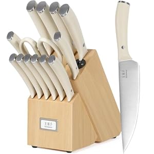 WANGMAZI 15 Pcs Knife Block Set, Japanese High Carbon Stainless Steel Sharp Blade Knife Set, Razor Sharp Knives Set for Kitchen, Dishwasher Safe, Elegant Box for Men Women, Natural