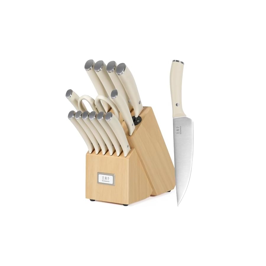 WANGMAZI 15 Pcs Knife Block Set, Japanese High Carbon Stainless Steel Sharp Blade Knife Set, Razor Sharp Knives Set for Kitchen, Dishwasher Safe, Elegant Box for Men Women, Natural