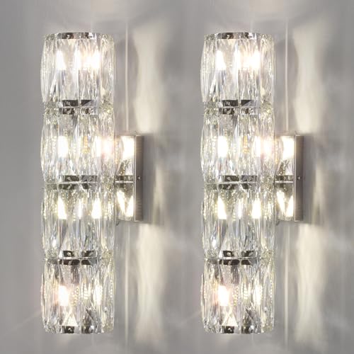 LOSNEOLAZ Crystal Wall Sconces Set of Two, Modern Sconces Wall Decor Set of 2 Chrome Bedroom Indoor Wall Sconce Bedside Wall Mounted Lamp for Hallway Bathroom Vanity Light Fixtures