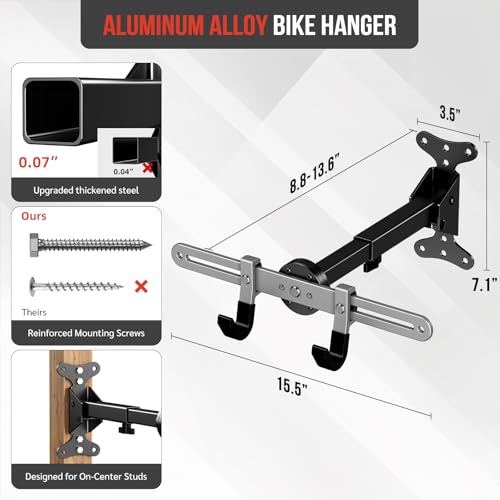 Bike-Wall-Mount-for-GarageAluminum-Alloy-Steel-Folding-Bicycle-Rack-360-RotationAdjustable-Hook-66lbs-Capacity-Horizontal-Indoor-Bike-Storage-for-Road-Mountain-Hybrid-Bikes