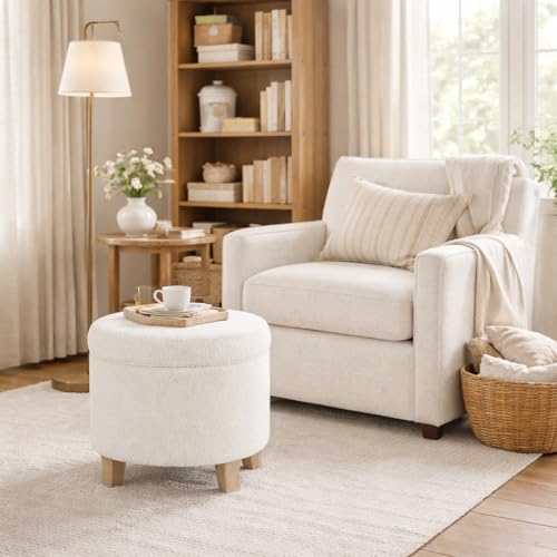 Image of HomePop Round Transitional Faux Sheepskin Fabric Storage Ottoman Home Decor|Upholstered Round Foot Rest Ottoman- Light Cream Large