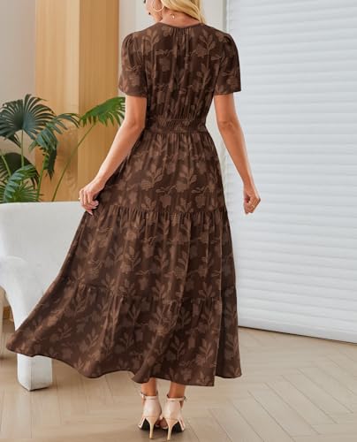 Image of Women's Maxi Dresses Boho Burnout V Neck Short Puff Sleeve Smocked Empire Waist Long Wedding Guest Semi Formal Dress Pockets