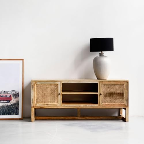 Image of Premium Solid Wood, 10 Minutes Assembly (Legs Only), Aesthetic Rattan Doors, Mid Century Entertainment Center for Living Room, TV Stand for 65 inch TV, Dark Chocolate (Natural Finish)