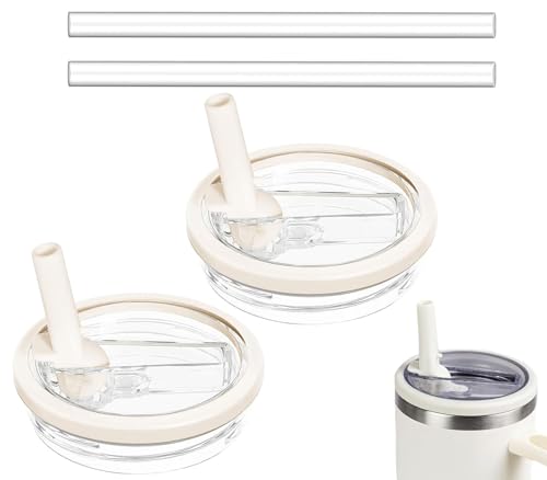2 Pack 30 oz Tumbler Flip Straw Lid Replacement Compatible for Stanley Quencher, Leak Proof Lid Replacement for 30 OZ Stanley H2.0 FlowState Tumbler,Spill Proof Splash Reusable (Transparent Cream)