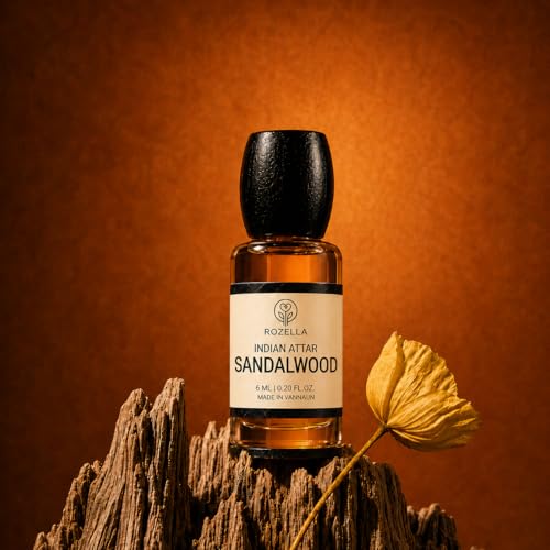 Image of ROZELLA Sandal Wood Authentic Attar for Men and Women | Creamy Woody Aroma Perfume Oil | Traditional Fragrance Blend | Non Alcoholic Long Lasting Fragrance Attar | 6 ml