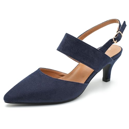 Women's Slingback Kitten Heel Pointed Toe Dress Pumps Ankle Strap Comfortable Elegant Dress Wedding Party Shoes Navy Blue 42-9.5US