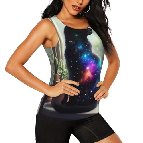 Fuzquwu Cosmic Cat in Window for Women's Sleeveless Workout Tank Top, Athletic Shirts Yoga Running Gym Black