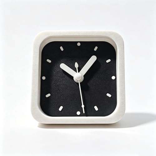 Mini 3 Inch Silent Analog Clock Magnetic & Wall Mountable Square Minimalist Design Battery Operated Black & White for Bedroom Kitchen Office & Desk (White)