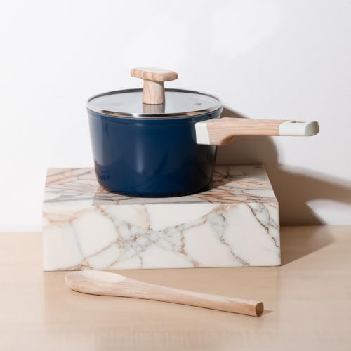 Image of Kreme Ceracook Ceramic Coated Granite Sauce Pan 1.8L /24cm with Glass Lid, ISI Certified Tea, Chai Pot, Forged Aluminium, Gas & Induction Use, Non Toxic PFAS & PTFE Free, 1 Yr Warranty, Ocean Deep Blue