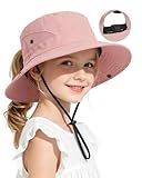 Century Star Kids Sun Hat Ponytail Girls UPF 50 Bucket Cap Summer Beach Fishing Kids Hat Wide Brim Adjustable Swim Hat Solid Pink 8-12T