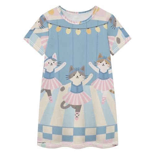 Vestido de gato rosa y azul con cuello redondo de manga corta para niñas de 2 a 8 años ropa de verano