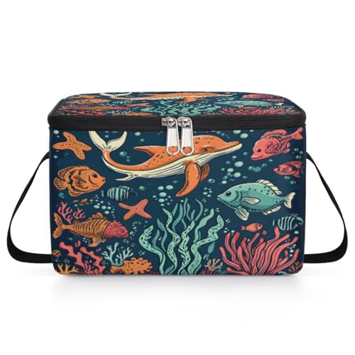 GzLeyigou Ocean Whale Fish Lunch Bags for Women Men 9 Cans, Hot & Cold Food Delivery Bag Insulated Grocery Bag Insulated Lunch Box Sea Coral Cooler Bag for Office Work Picnic Beach