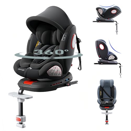 Aveainelle Silla de Auto Giratoria De 360° con Reposacabezas Ajustable, Asiento de Bebé Ajustable Multifunción, Funda de Tela Extraíble para El Asiento, Capota y Reposapiés (Black High Version)