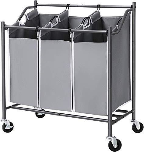 SONGMICS 3-Bag Laundry Cart Sorter, Rolling Laundry Basket Hamper, with Casters and Brakes