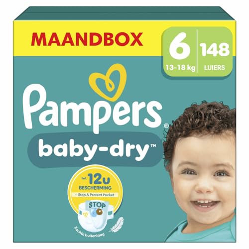 Pampers Pañales tamaño 6 (13 – 18 kg) Baby Dry, extra grande, caja de meses, hasta 12 horas de protección contra fugas, 148 unidades