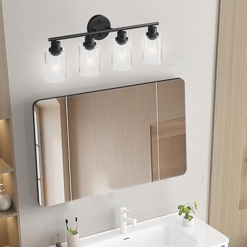 Image of 4-Light Black Bathroom Light Fixtures, E26 Modern Vanity Lights for Bathroom with Clear Glass Shade, Wall Lamps for Mirror Hallway Kitchen Cabinet Living Room Sconces Lights