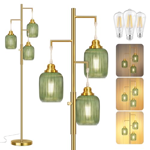 ROTTOGOON Dimmable Gold Floor Lamp for Living Room- 3 Light Green Glass Floor Lamps, Vintage Brass Tree Floor Lamps with 3X 6W LED Bulbs, Modern Standing Tall Lamp for Bedroom, 68", Gold & Green Glass