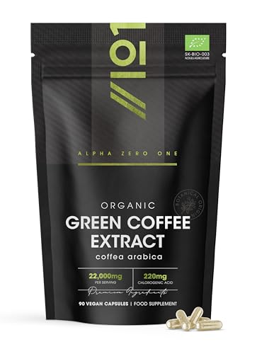 Organic Green Coffee Bean Extract 22,000mg – Standardised 220mg Chlorogenic Acid – 90 Vegan Capsules – Coffea Arabica Bean Extract - by Alpha01