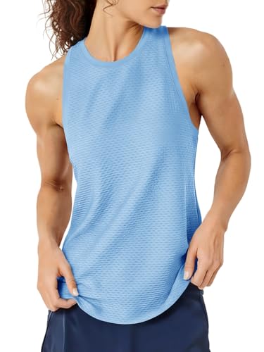 Fisoew Womens Summer Workout Tank Tops Racerback Athletic Gym Yoga Tops Loose Fit Sleeveless Running Active Shirts Blue
