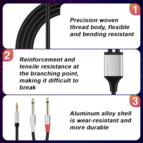 Image of Verilux 10FT /3M 3.5mm to Dual 6.35m Aux Cable for Speakers, Dual 6.35mm 1 /4 inch Male to 3.5mm 1 /8 inch Male Aux Cable, TRS Bidirectional Stereo Audio Cable Jack for Guitar, Home Theater Devices, Speaker