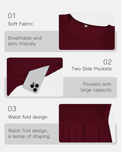 AUSELILY Wein Rot Kleider Damen Sommerkleid A Linie Kleid Casual Freizeitkleid Kurzarm Lose Fit M 5