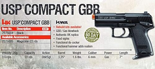 HK Heckler & Koch USP GBB Blowback 6mm BB Pistol Airsoft Gun, Black, HK USP Compact GBB