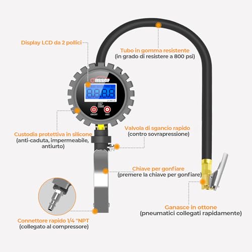 Oasser Professionele Bandenspanningsmeter, Digitale Bandenpomp, 255 PSI, Hoge Precisie, met LED-lampje en LCD-scherm voor Auto, SUV, Vrachtwagen, Motorfiets en Fiets - Afbeelding 4