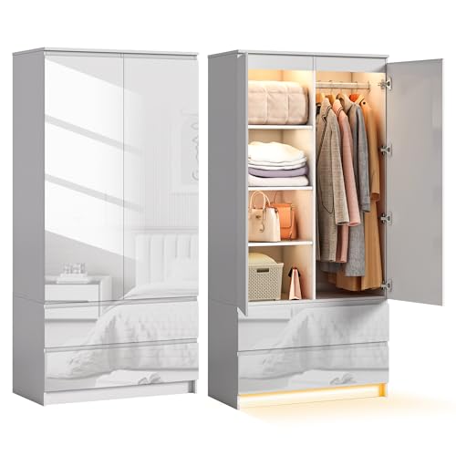 Wumagin Armario Ropero 2 Puerta, Armario Multiusos Avec luz led con Sensor de Movimiento, Avec 2 Tiroirs, Organizador de Ropa y Almacenaje para el Dormitorio (Blanco)