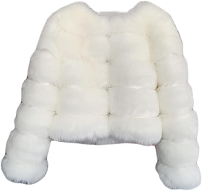 Women's Faux Fur Coat Plain Long Sleeve Crew Neck Jacket Shaggy Outwear with Hook Fasteners