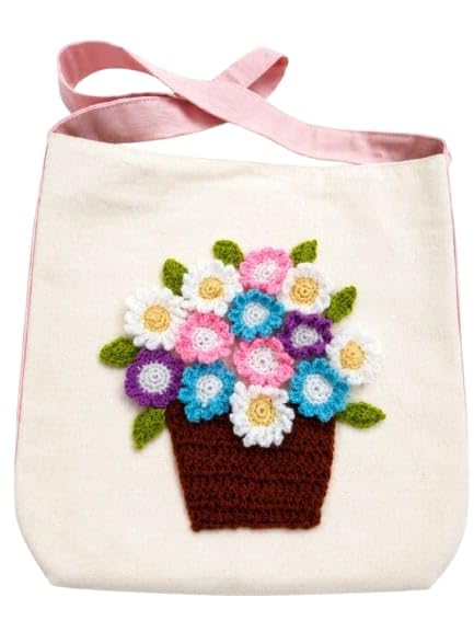 Handmade Crochet Flower Canvas Tote Bag for Women | Reusable Cotton Shoulder Bag | Floral Embroidered Shopping Bag | Eco-Friendly Casual Handbag for Office, College & Travel | Beige (Flower Pot)-picture-13