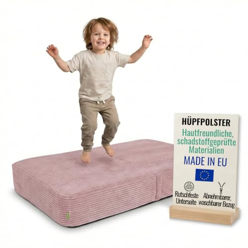 Pillows24 – Hüpfpolster für Kinder Indoor | Hüpfkissen 70x110x17 cm mit Federn & Schaumstoff | Kindertrampolin für Zuhause | Hüpfmatte mit abnehmbarem Cordbezug | Trampolin Indoor Kinder | Rosa